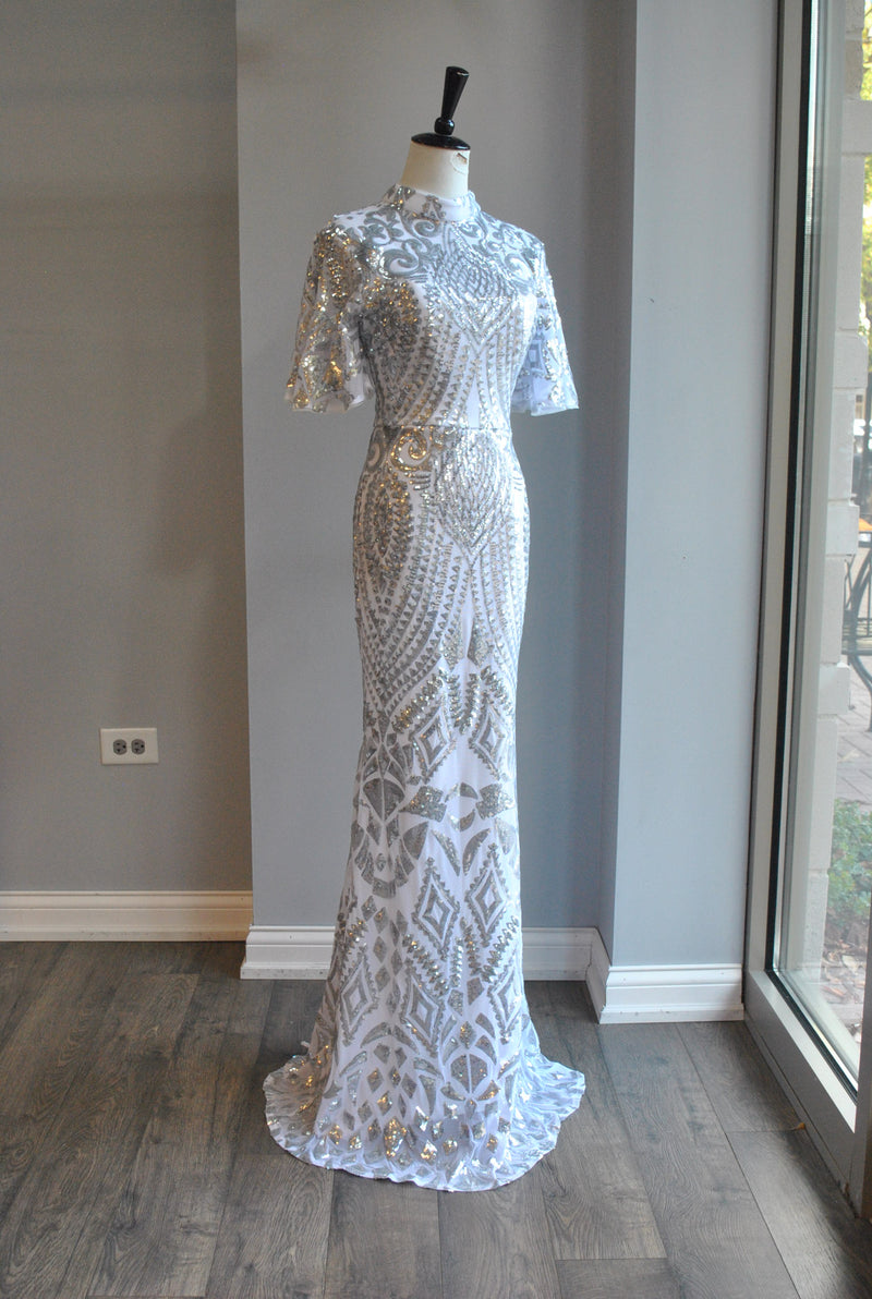 WHITE AND SILVER SEQUINS LONG EVENING GOWN