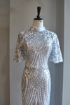 WHITE AND SILVER SEQUINS LONG EVENING GOWN