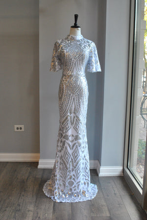 WHITE AND SILVER SEQUINS LONG EVENING GOWN
