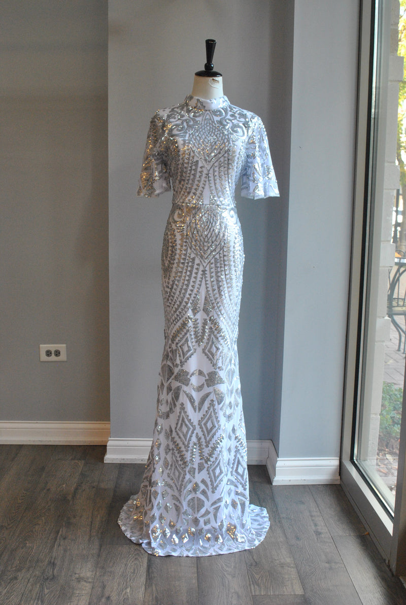 WHITE AND SILVER SEQUINS LONG EVENING GOWN