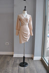 BEIGE WRAP MIDI SUMMER DRESS WITH A FLOWER PIN