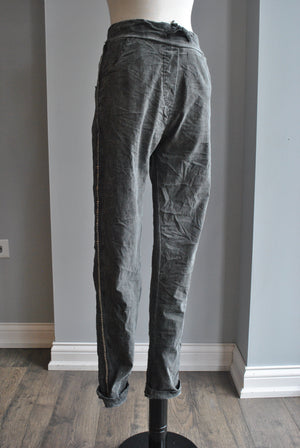 CHARCOAL GREY PANTS WITH SIDE SILVER TRIM AND POCKETS