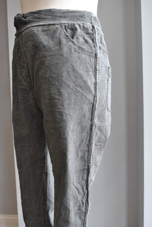 CHARCOAL GREY PANTS WITH SIDE SILVER TRIM AND POCKETS