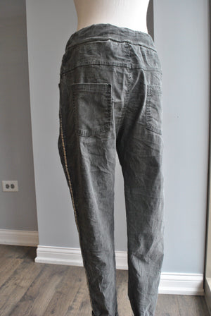 CHARCOAL GREY PANTS WITH SIDE SILVER TRIM AND POCKETS