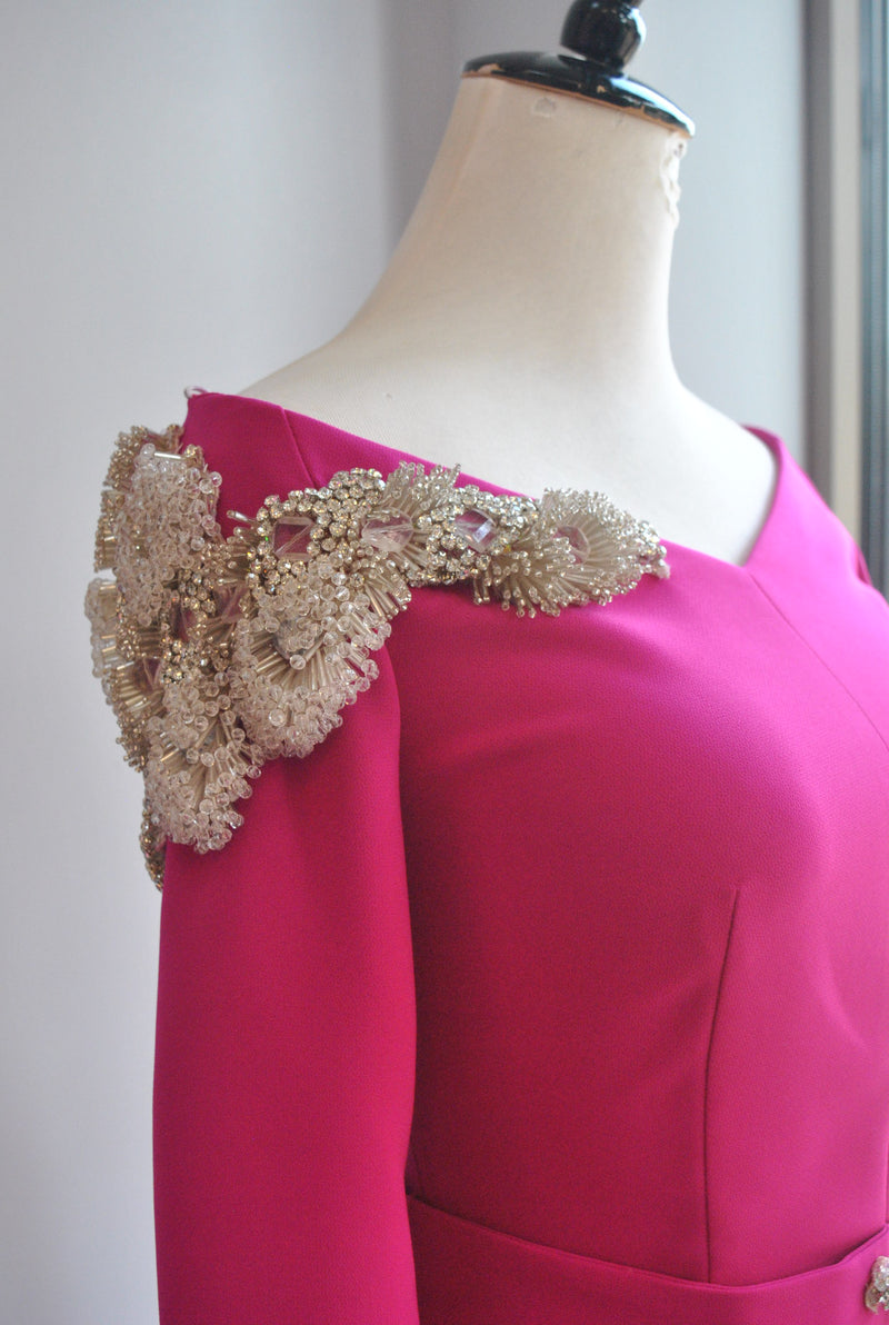ORCHID LONG EVENING GOWN WITH CRYSTAL DETAILS