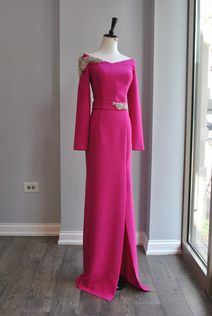 ORCHID LONG EVENING GOWN WITH CRYSTAL DETAILS