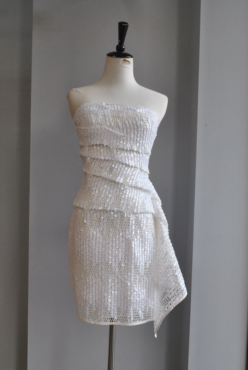 WHITE SEQUIN MINI ASYMMETRIC DRESS