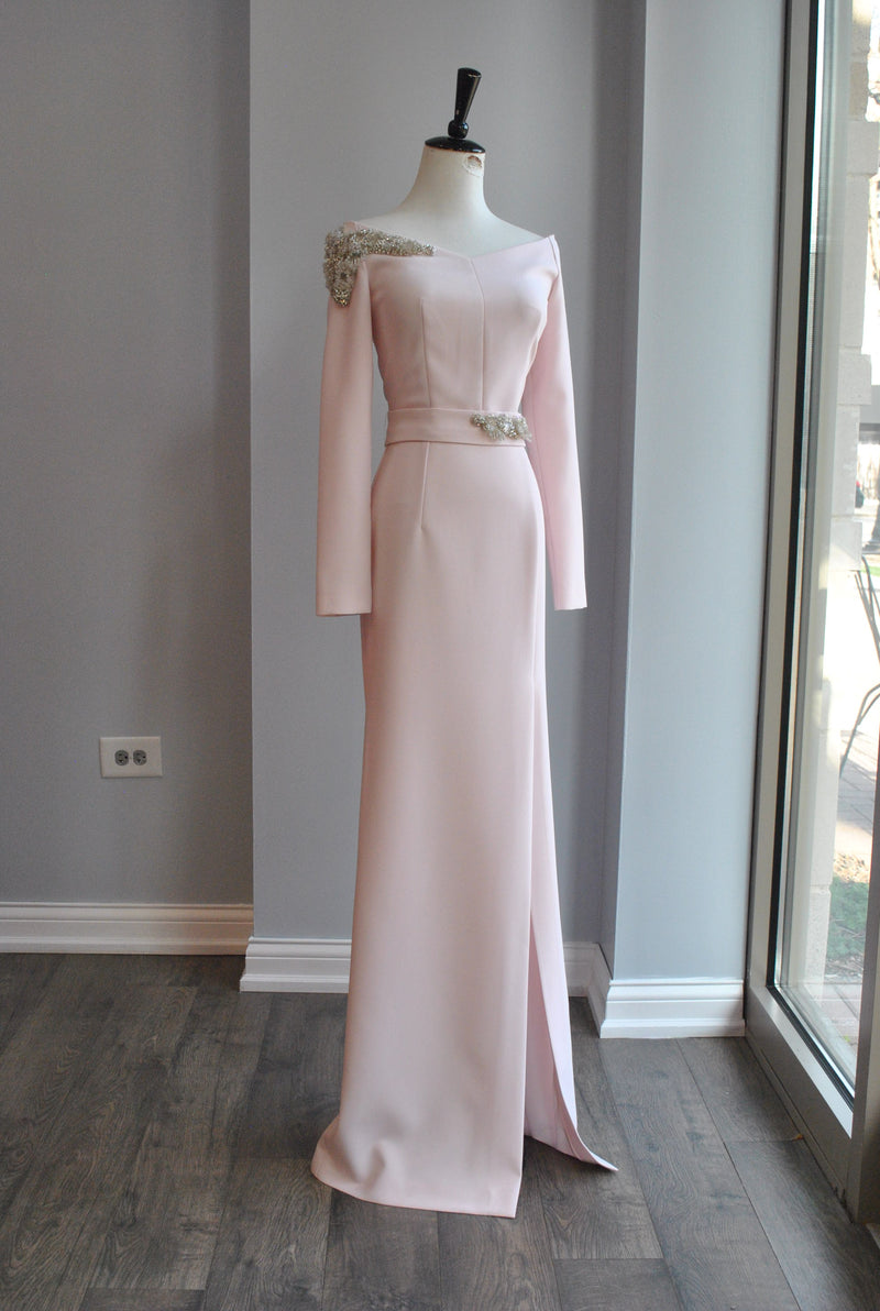 BLUSH PINK LONG GOWN WITH CRYSTALS