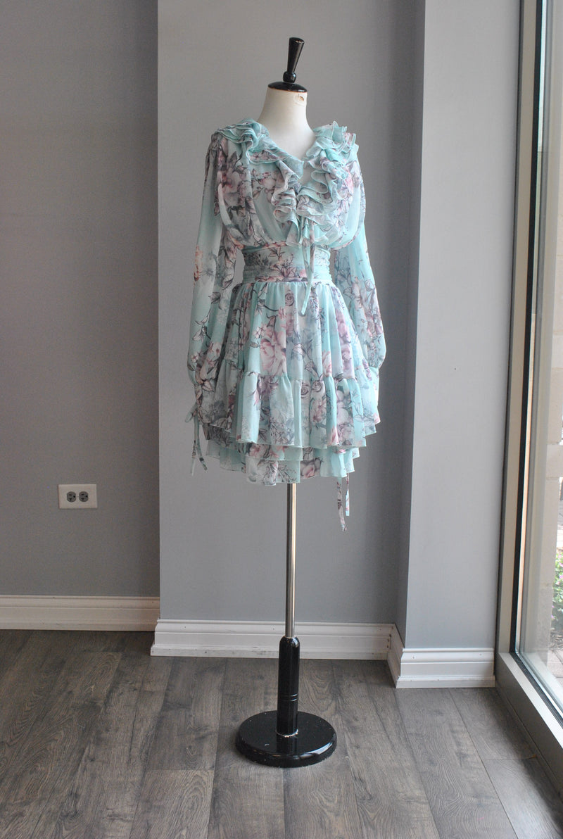 TURQUOISE AND PINK FLOWY RUFFLE DRESS