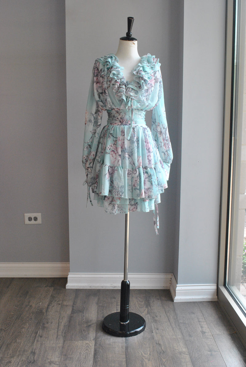TURQUOISE AND PINK FLOWY RUFFLE DRESS