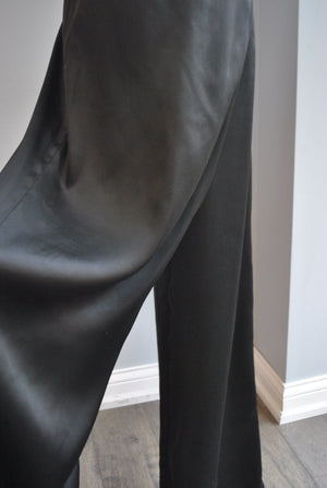 BLACK PALAZZO SILKY FLAIR HIGH WAISTED PANTS