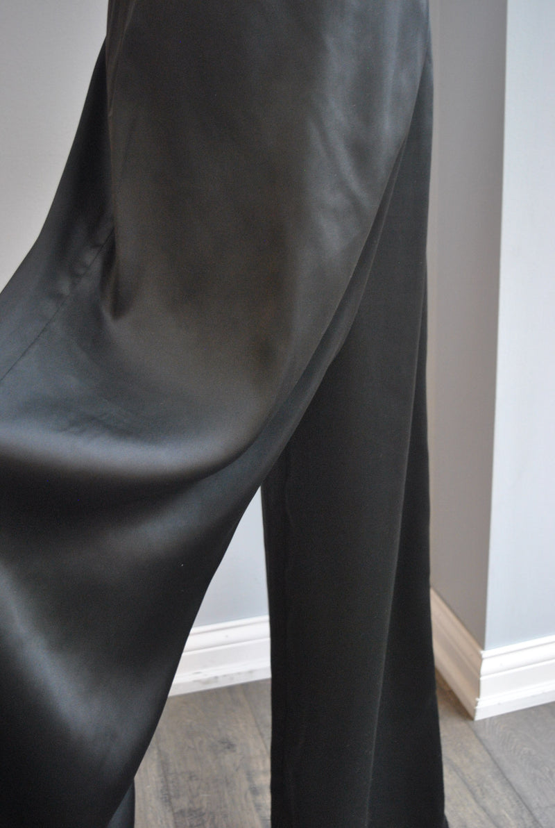 BLACK PALAZZO SILKY FLAIR HIGH WAISTED PANTS
