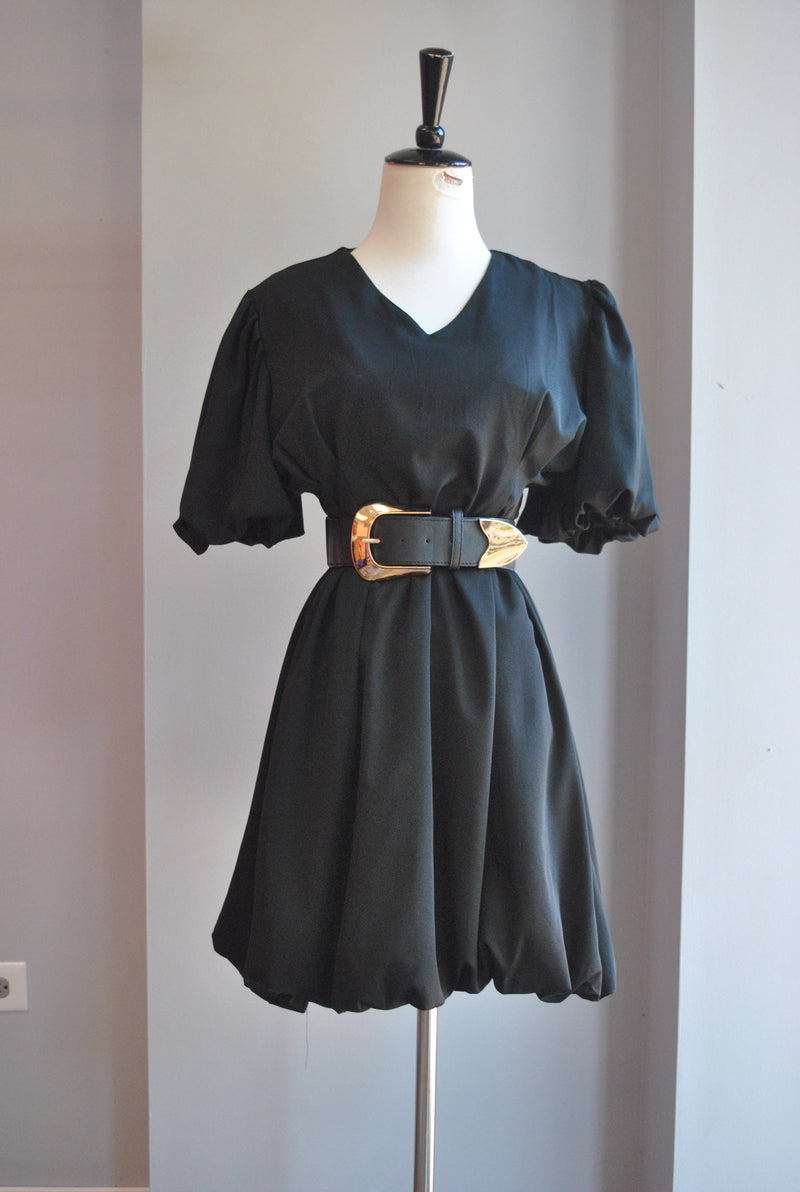 SIMPLE BLACK DRESS WITH BELL SLEEVES AND A BELT