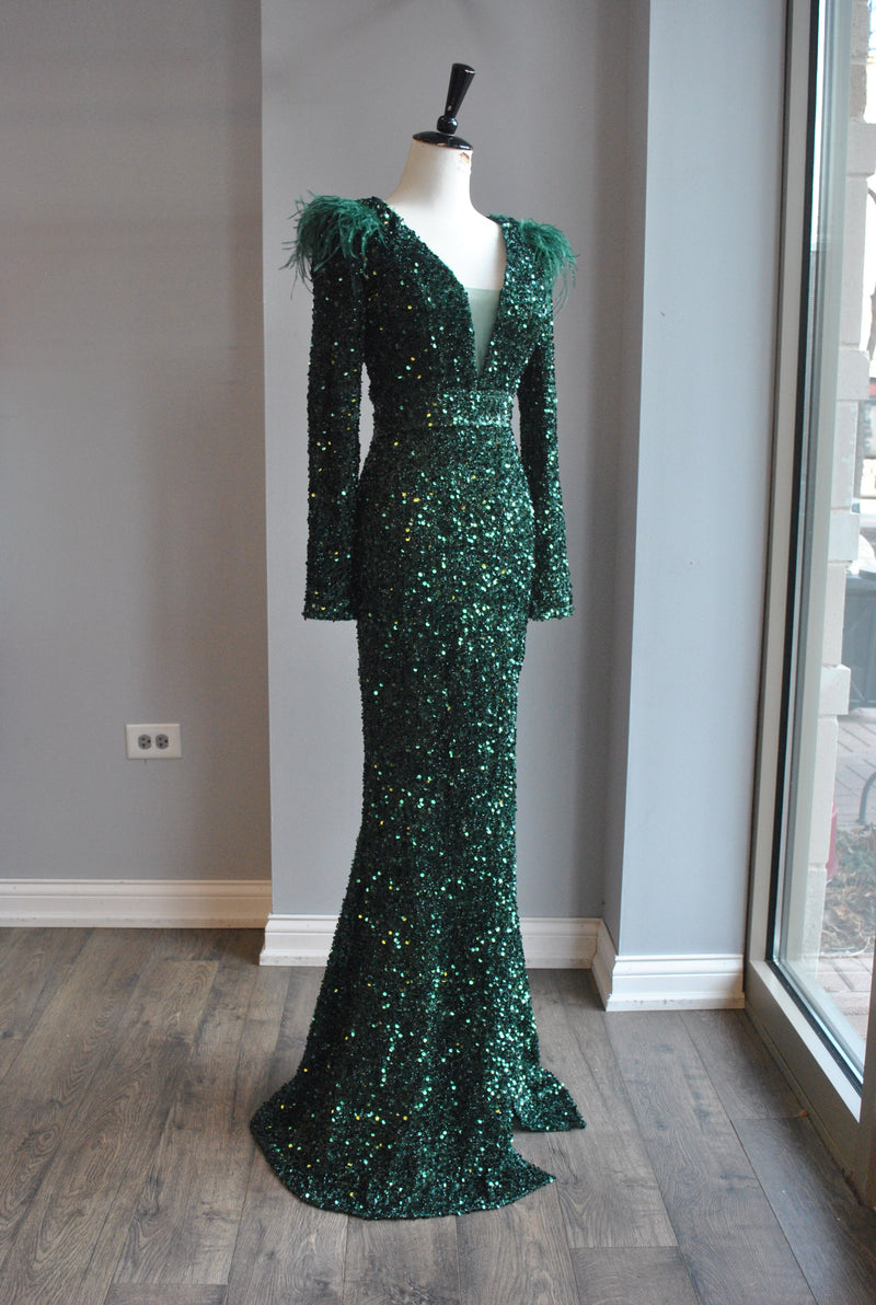 EMERALD GREEN SEQUIN AND FEATHERS LONG EVENING GOWN