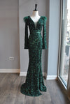 EMERALD GREEN SEQUIN AND FEATHERS LONG EVENING GOWN