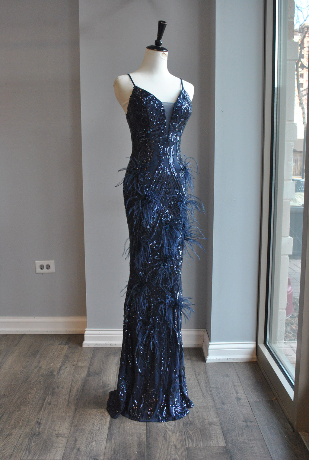 NAVY BLUE SEQUIN AND FEATHERS LONG EVENING DRESS