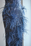 NAVY BLUE SEQUIN AND FEATHERS LONG EVENING DRESS