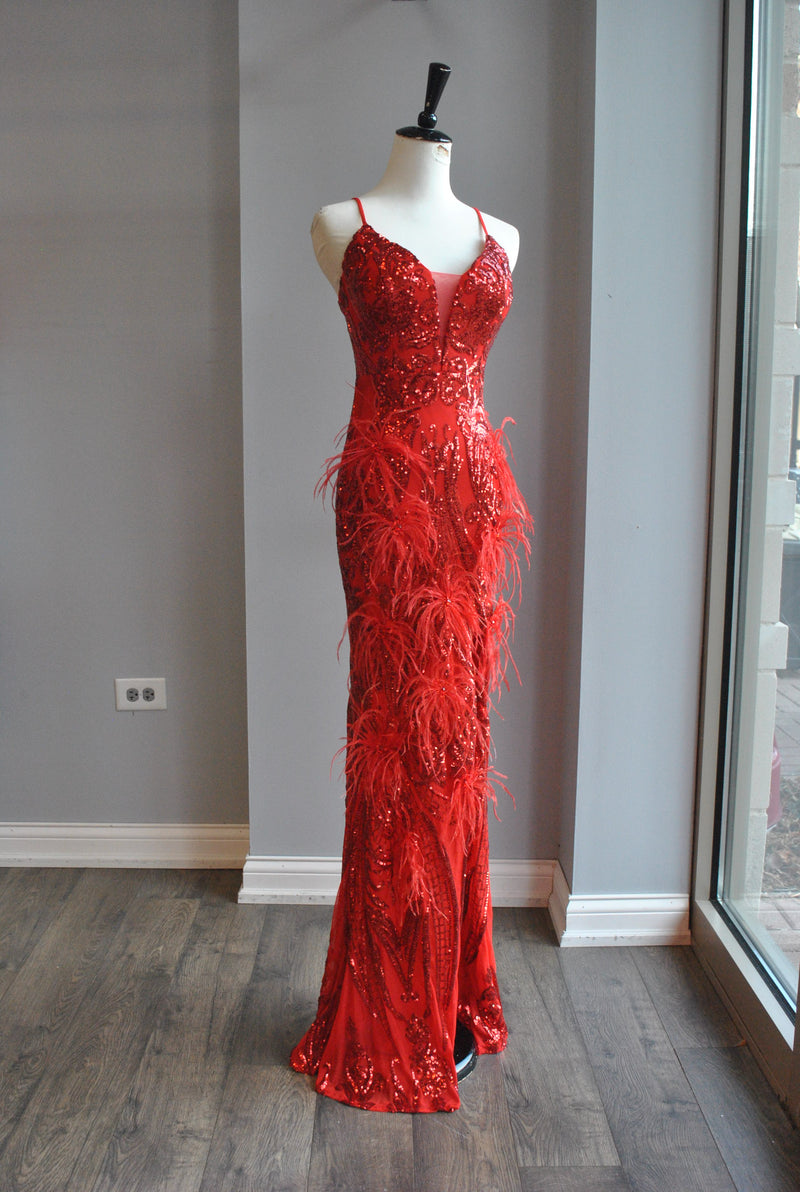RED SEQUIN AND FEATHERS LONG EVENING DRESS