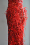 RED SEQUIN AND FEATHERS LONG EVENING DRESS