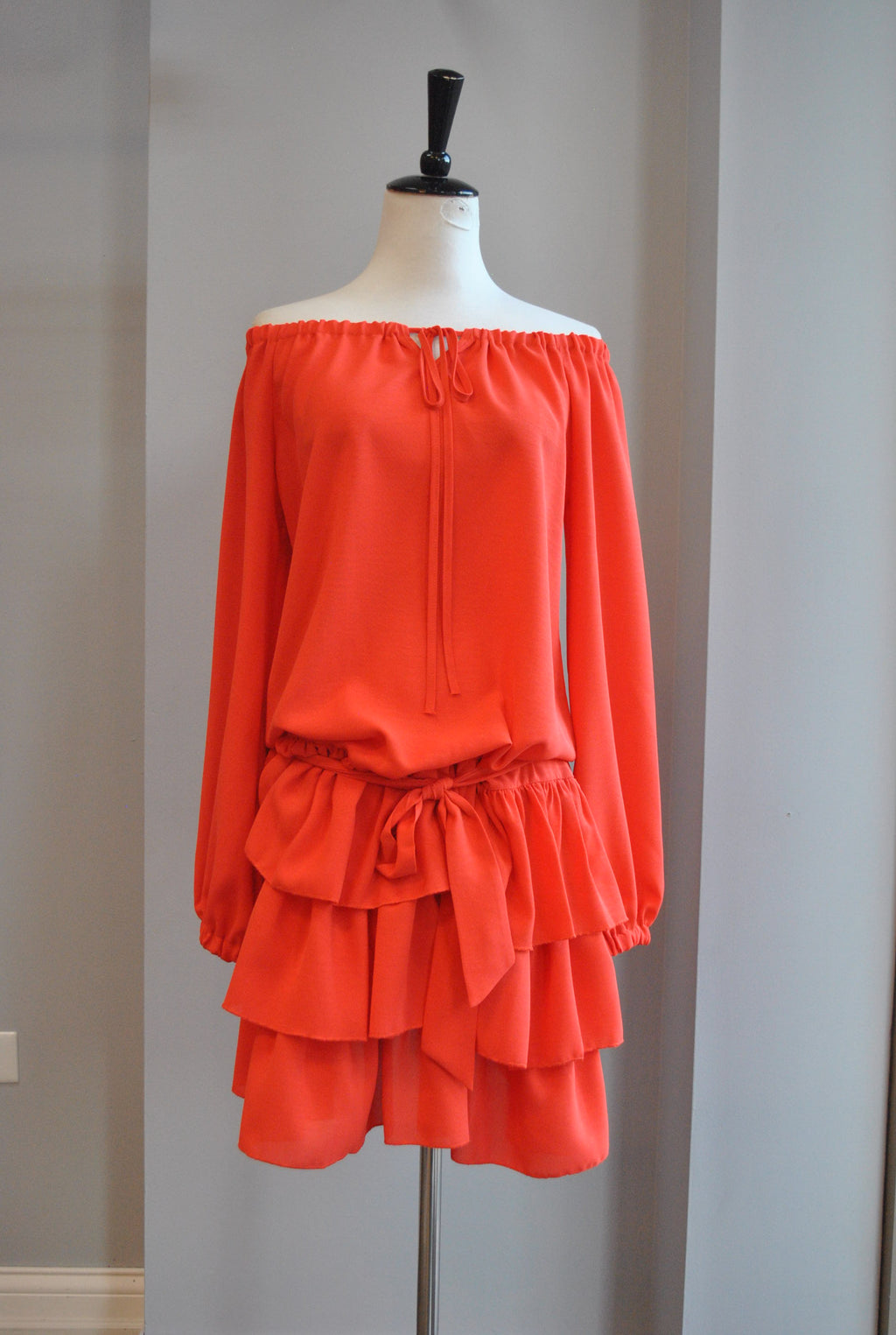 ORANGE OFF THE SHOULDER TUNIC DRESS WITH RUFFLES