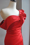 RED LONG EVENING GOWN WITH RUFFLE DETAIL