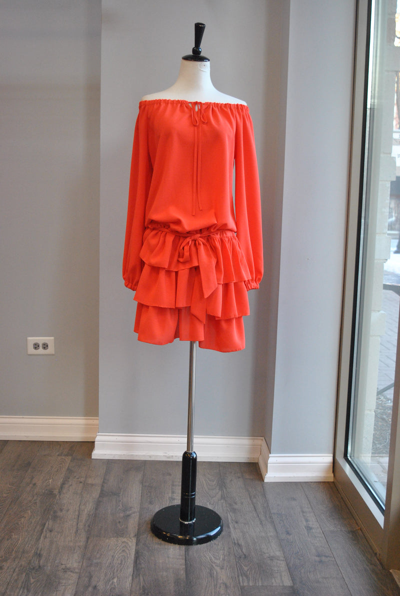 ORANGE OFF THE SHOULDER TUNIC DRESS WITH RUFFLES