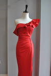 RED LONG EVENING GOWN WITH RUFFLE DETAIL