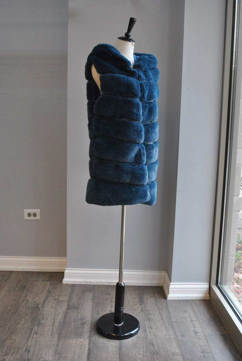 MIDNIGHT BLUE FAUX FUR VEST WITH A HOODIE