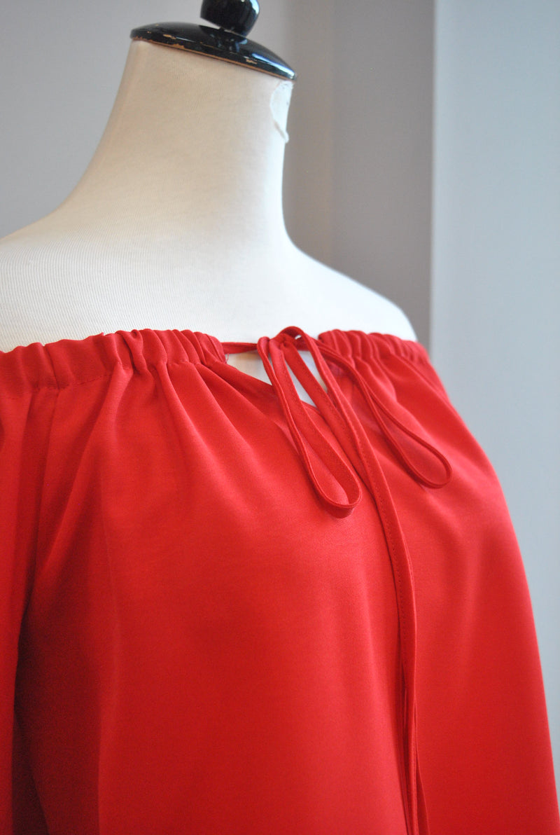 RED RUFFLE TUNIC OFF THE SHOULDER DRESS WITH RUFFLES