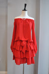 RED RUFFLE TUNIC OFF THE SHOULDER DRESS WITH RUFFLES