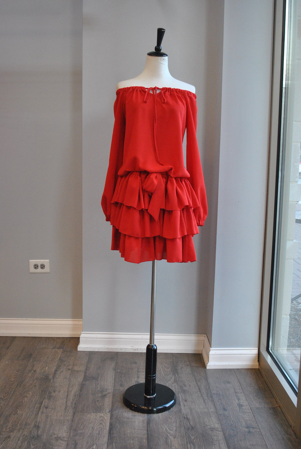 RED RUFFLE TUNIC OFF THE SHOULDER DRESS WITH RUFFLES