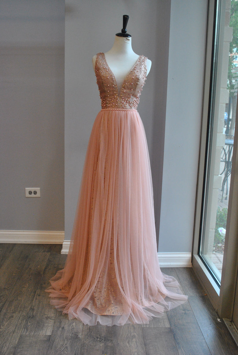 CLEARANCE - ROSE PINK LONG GOWN WITH PEARL DETAILS