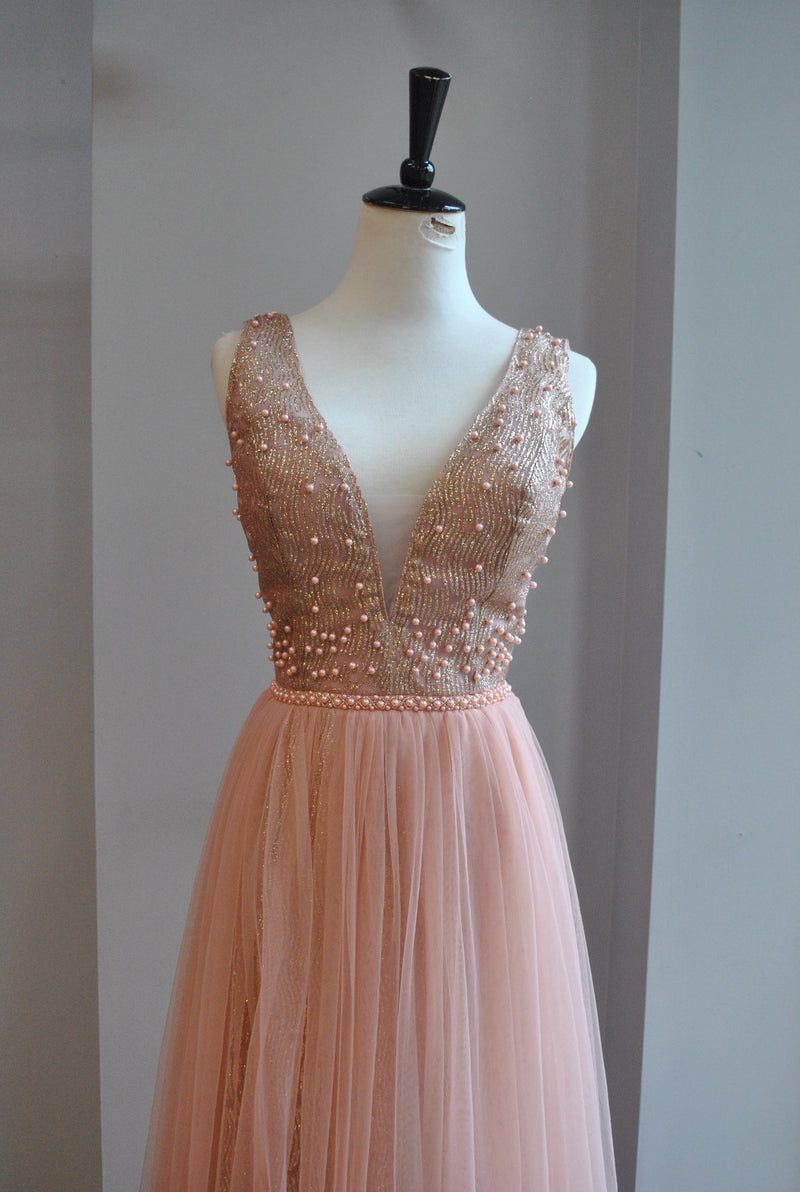 CLEARANCE - ROSE PINK LONG GOWN WITH PEARL DETAILS