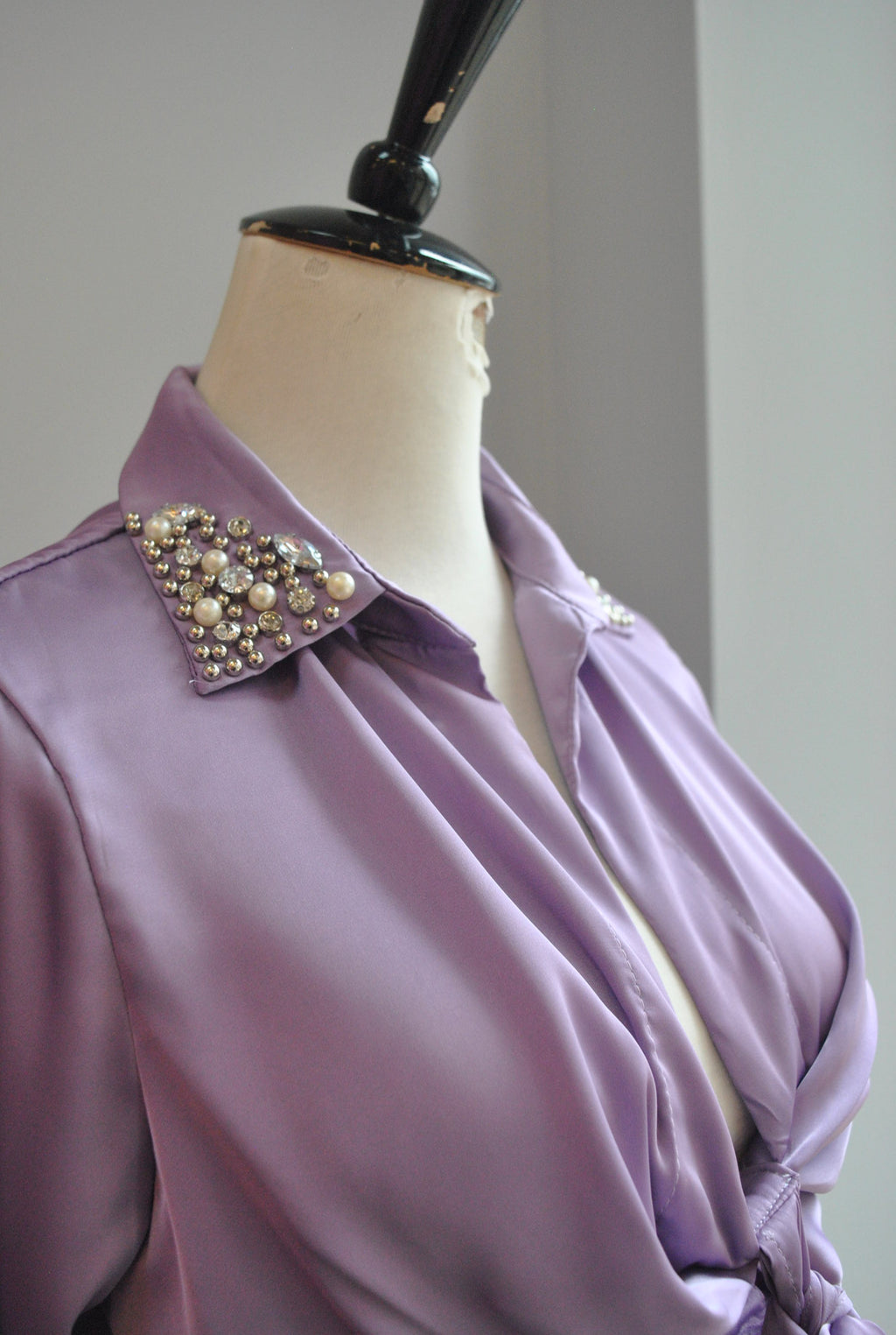 CLEARANCE - LAVENDER SILKY CROPPED TOP WITH CRYSTALS AND PEARLS