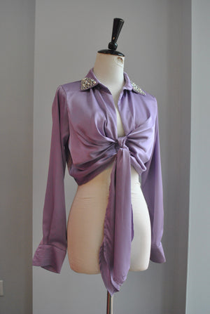 CLEARANCE - LAVENDER SILKY CROPPED TOP WITH CRYSTALS AND PEARLS
