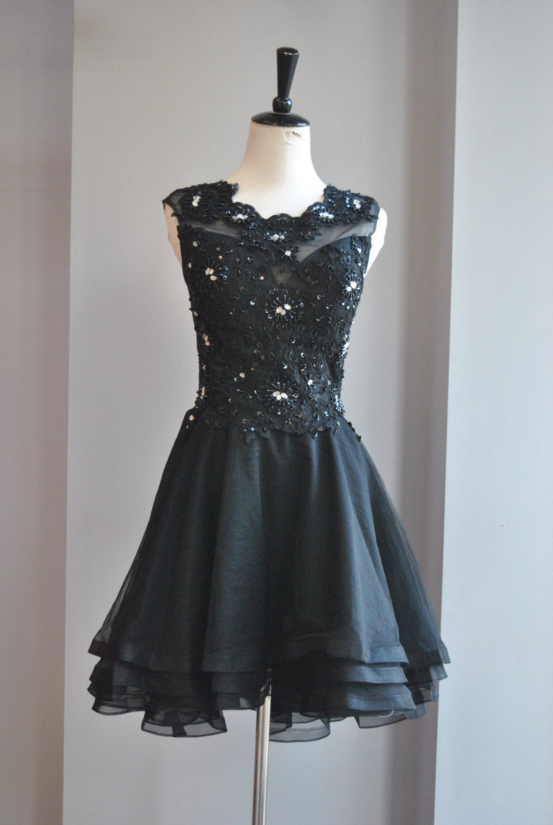 BLACK MESH FIT AND FLAIR PARTY DRESS WITH RHINESTONES