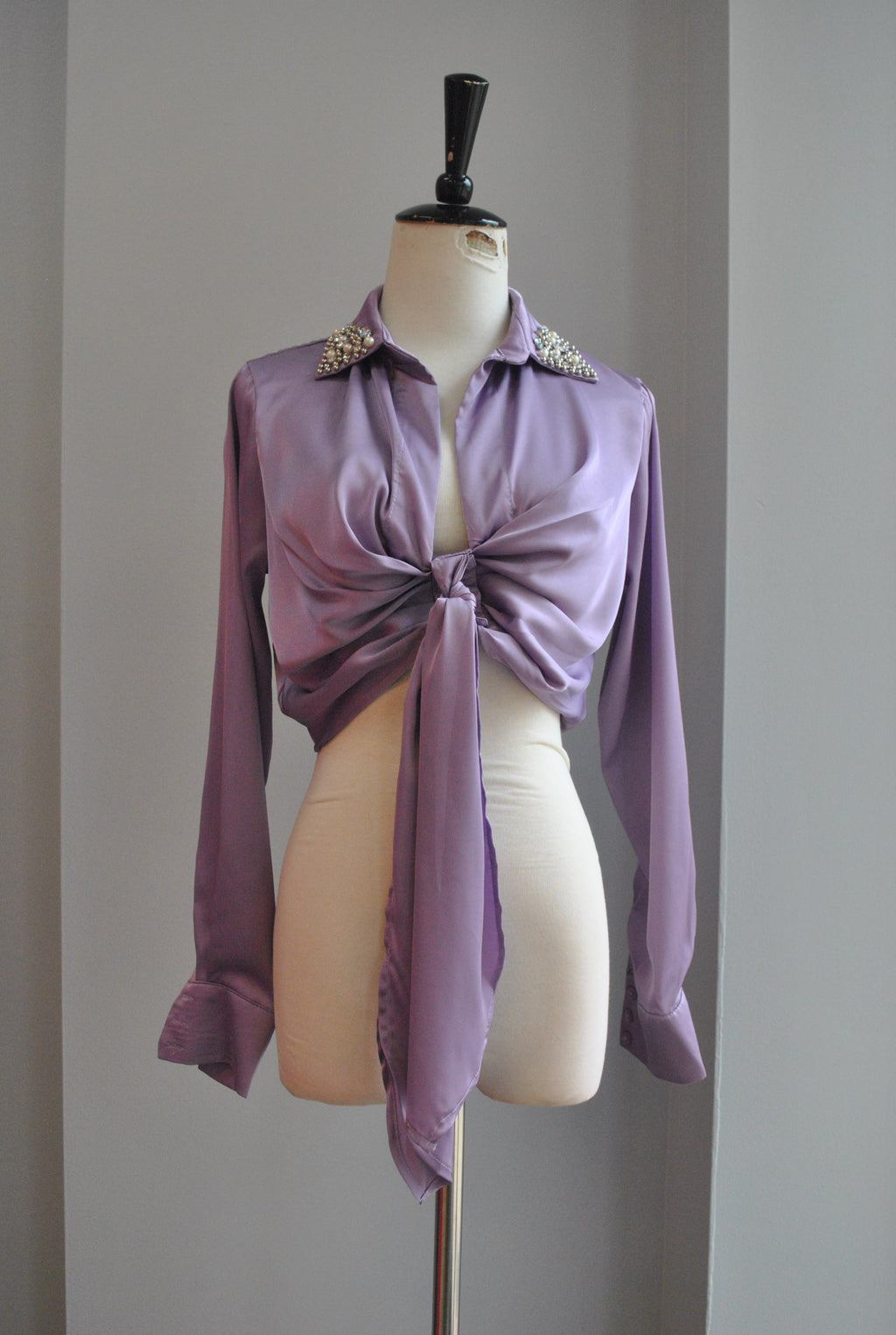 CLEARANCE - LAVENDER SILKY CROPPED TOP WITH CRYSTALS AND PEARLS