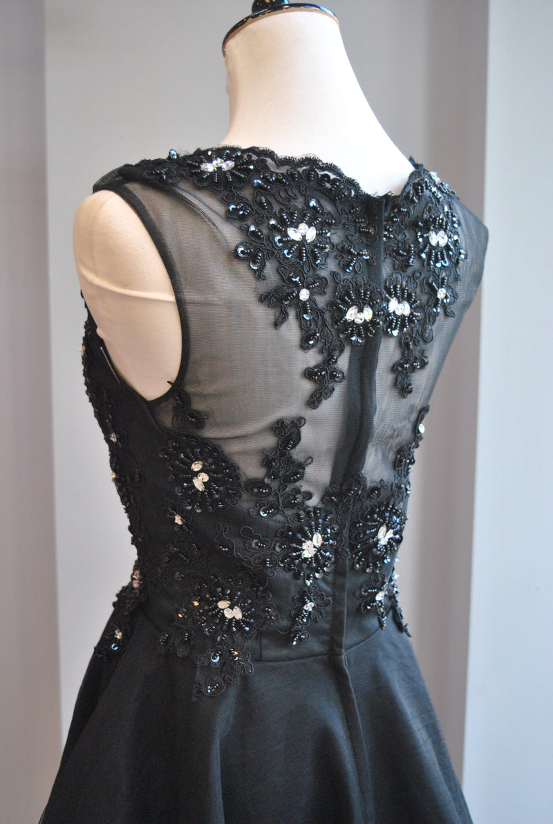 BLACK MESH FIT AND FLAIR PARTY DRESS WITH RHINESTONES