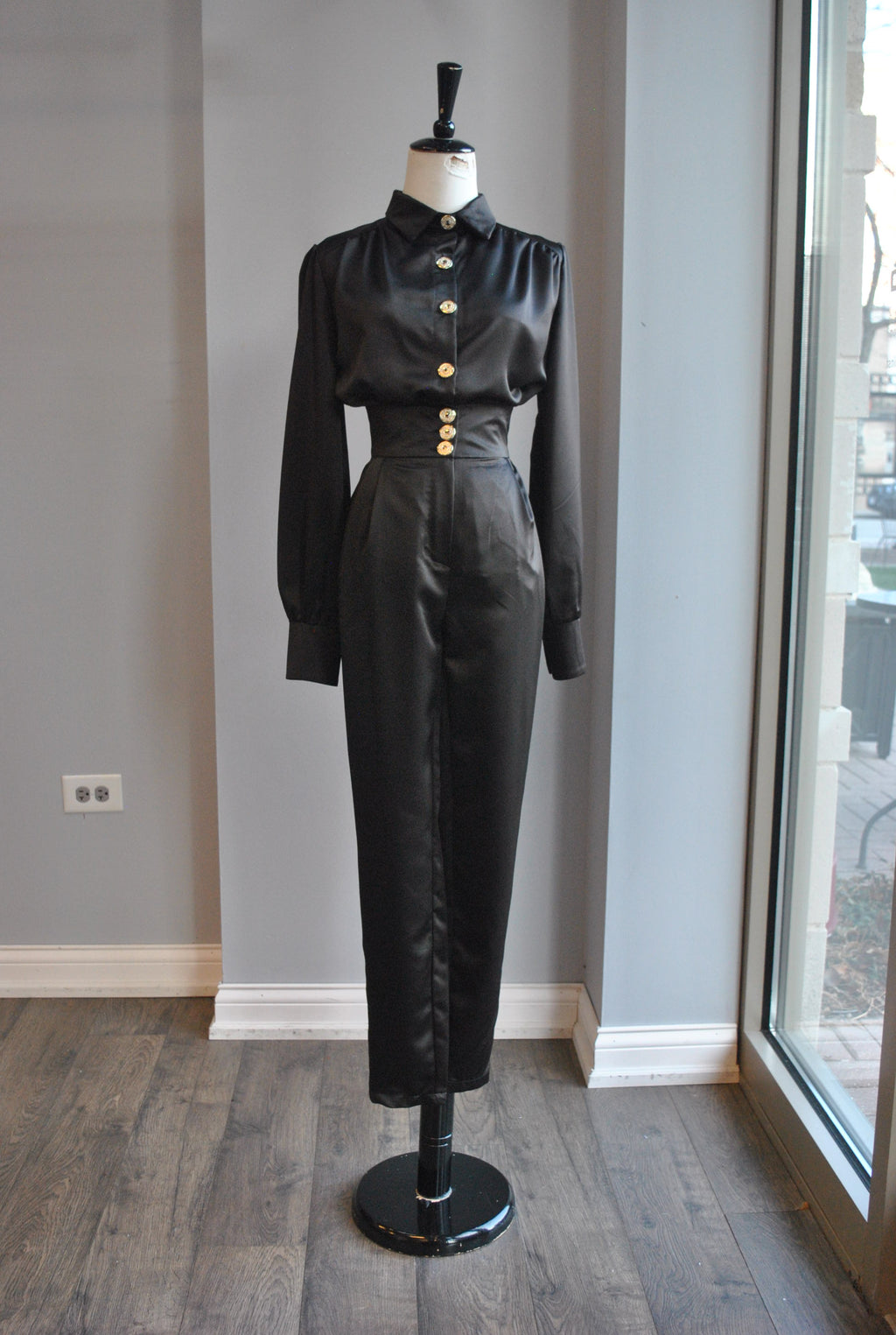 CLEARANCE - BLACK SILKY SET OF HIGH WAISTED PANTS AND A BLOUSE