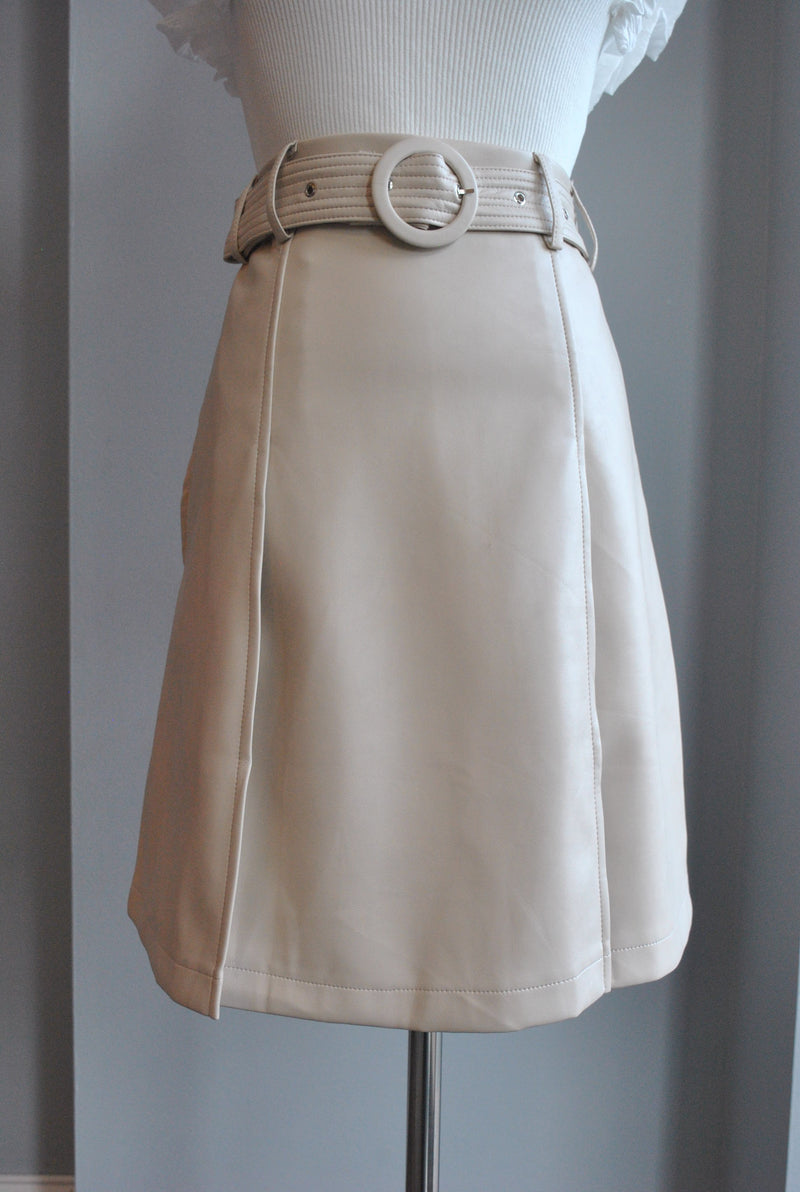 SAND COLOR FAUX LEATHER SKIRT WITH A BELT