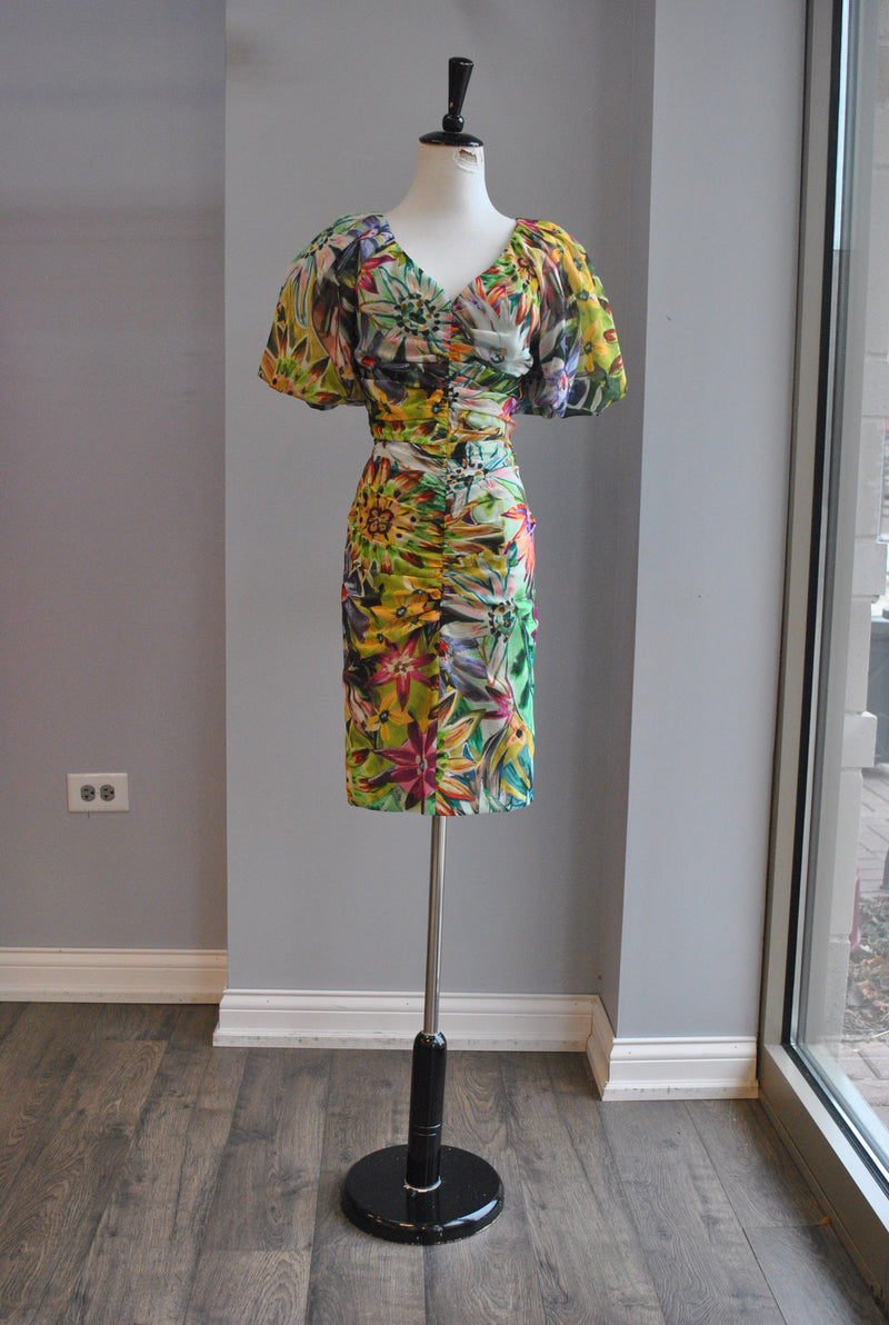 CLEARANCE - MULTICOLOR PARTY SPRING DRESS WITH RUSHING AND SHORT SLEEVES