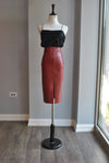 BURN RED FAUX LEATHER PENCIL SKIRT