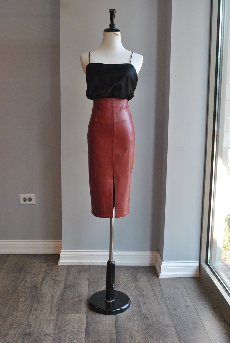 BURN RED FAUX LEATHER PENCIL SKIRT