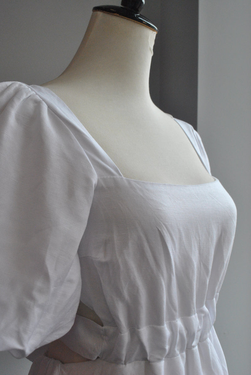 CLEARANCE - WHITE LINEN MIDI DRESS WITH OPEN BACK