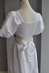CLEARANCE - WHITE LINEN MIDI DRESS WITH OPEN BACK