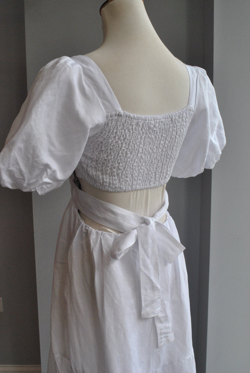 CLEARANCE - WHITE LINEN MIDI DRESS WITH OPEN BACK