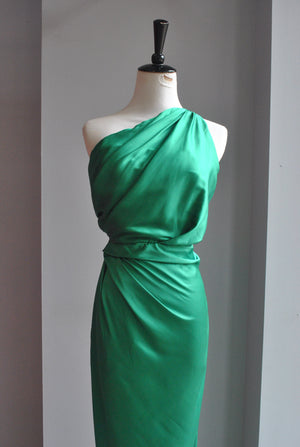 EMERALD GREEN SILKY SIMPLE ASYMMETRIC DRESS WITH SIDE SLIP