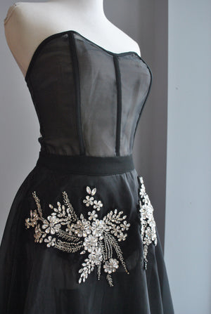 CLEARANCE - BLACK SHEER FIT AND FLAIR LONG GOWN WITH RHINESTONES AND A BLAZER