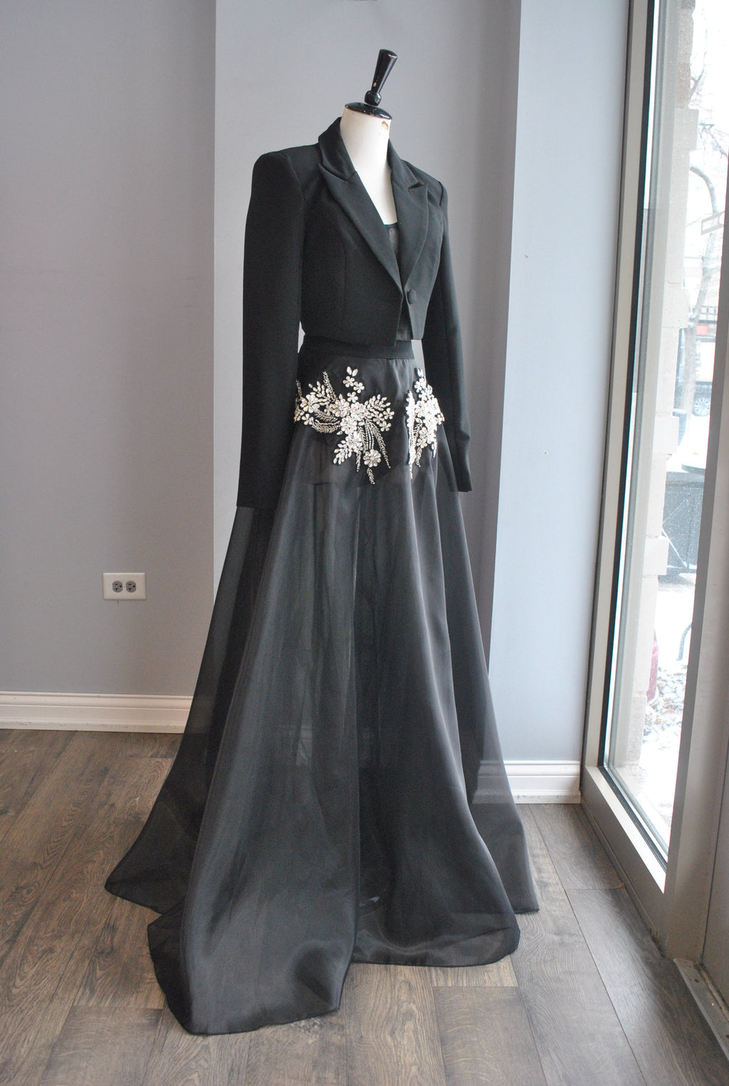 CLEARANCE - BLACK SHEER FIT AND FLAIR LONG GOWN WITH RHINESTONES AND A BLAZER