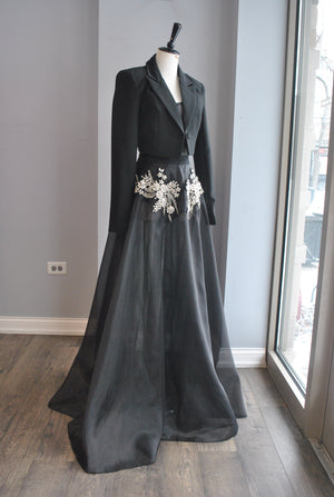 CLEARANCE - BLACK SHEER FIT AND FLAIR LONG GOWN WITH RHINESTONES AND A BLAZER